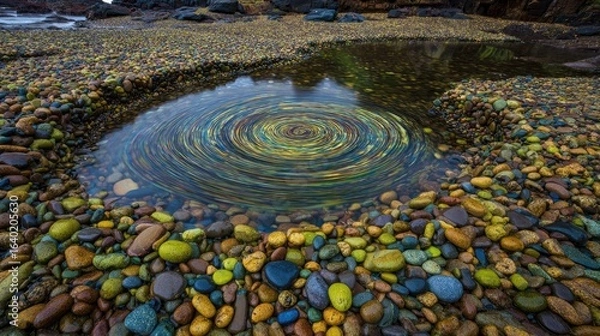 Fototapeta Colorful, swirling water in a rock-lined pool.  A high-angle view of a shallow, circular pool of water, surrounded by a mosaic of multicolored stones.