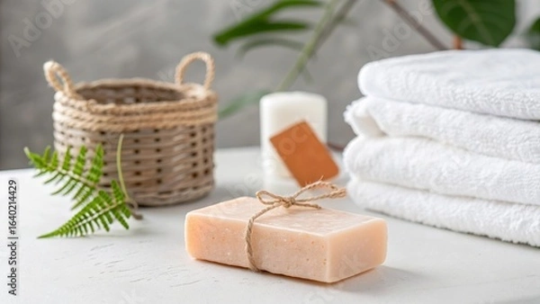 Fototapeta Natural soap bar with spa accessories and greenery
