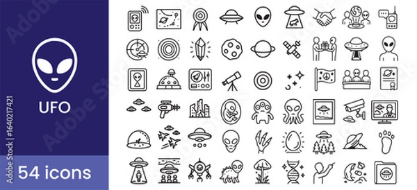 Fototapeta UFO and alien icon set for science fiction themes, featuring extraterrestrial life, spaceships, abduction, and conspiracy symbols.

