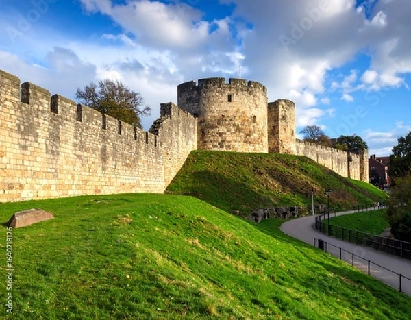 Fototapeta Ancient stone walls and a round tower