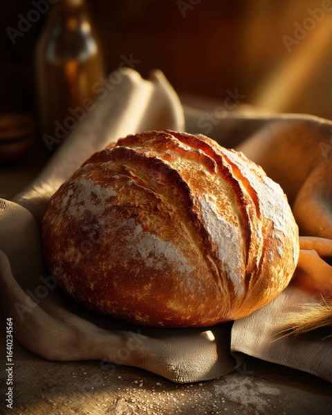 Fototapeta Fresh artisan bread on rustic cloth