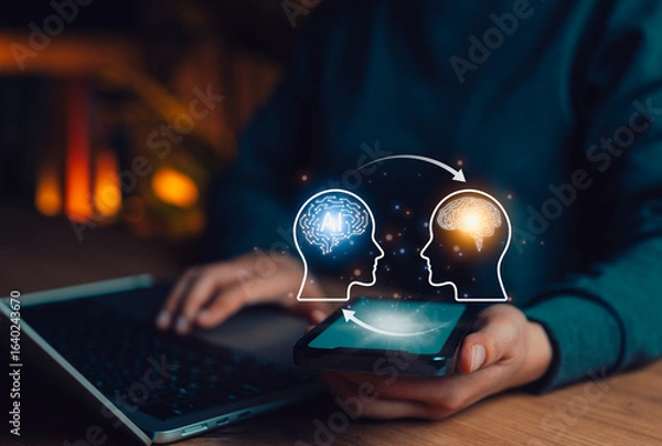 Fototapeta Human and Artificial Intelligence Knowledge Transfer Concept. A person uses phone with two human head profiles, one with an AI brain and human brain, symbolizing knowledge exchange, machine learning,