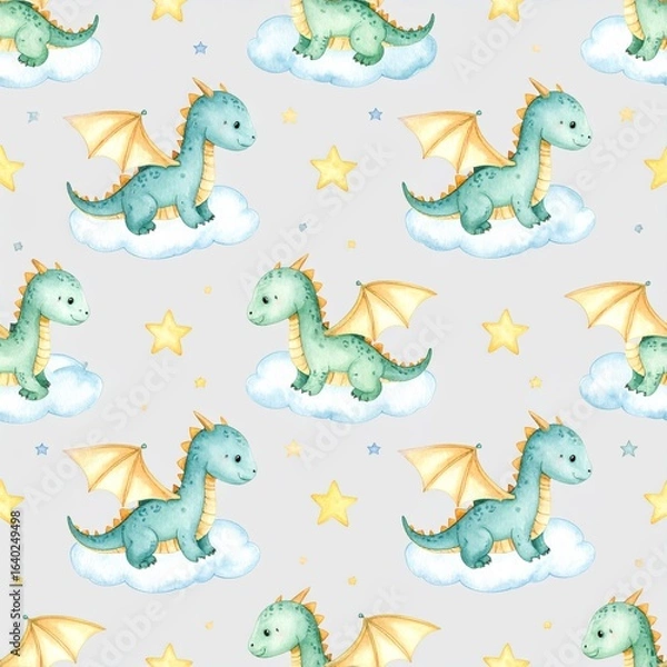 Fototapeta Cartoon cute kids sleeping Dragon seamless pattern, childish background