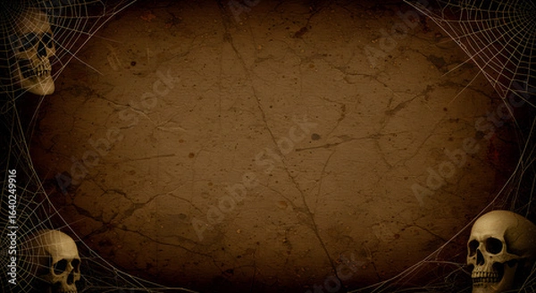 Fototapeta Halloween dark parchment with spider web and skulls, AI generated