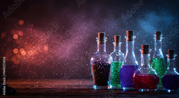 Fototapeta Sparkling potion bottles with mystical smoke, AI generated