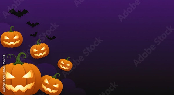 Fototapeta Dark purple halloween background with bats and pumpkins, AI generated