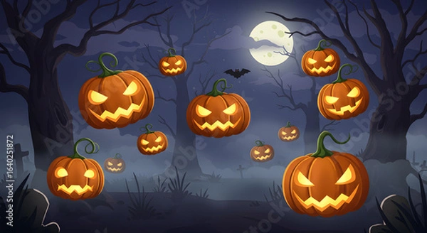 Fototapeta Floating halloween pumpkins in eerie forest, AI generated