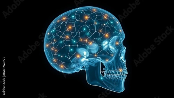 Fototapeta Bioluminescent neural networks pulsing inside a translucent human skull in darkness.