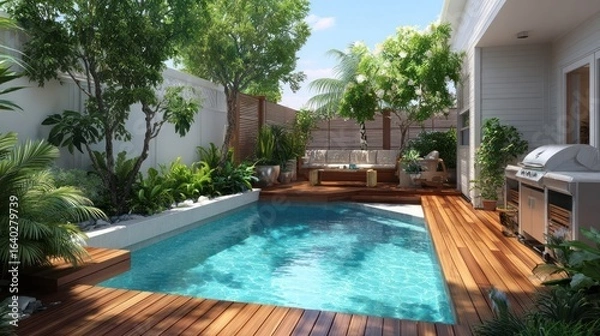 Fototapeta Sunny backyard with a pool, wooden deck, and greenery, creating a tranquil oasis