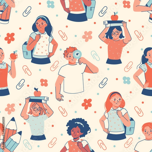 Fototapeta Seamless pattern of diverse students engaged in learning activities. Ideal for educational apps, kids' product packaging, or school decor