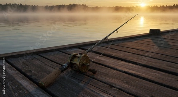 Obraz Serene morning fishing scene with a classic rod and reel on a wooden dock at sunrise