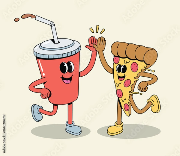Fototapeta Happy cartoon soda cup and pizza slice characters high-fiving and running together, symbolizing fast food friendship