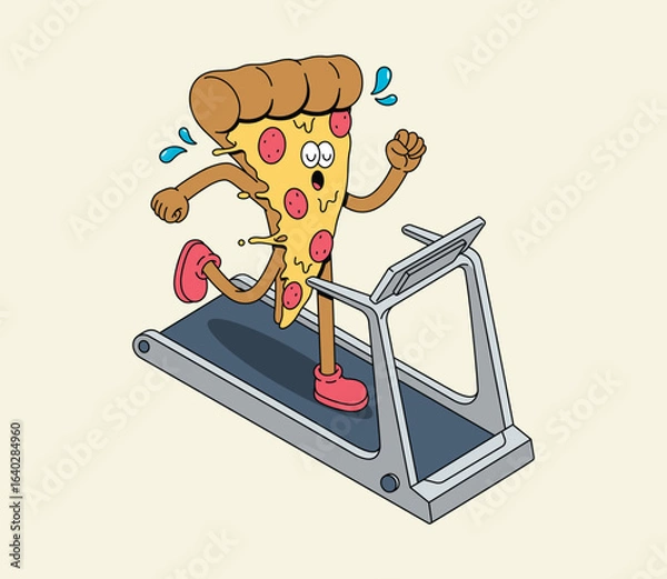 Fototapeta Energetic cartoon pizza slice character running on a treadmill, engaging in a healthy workout