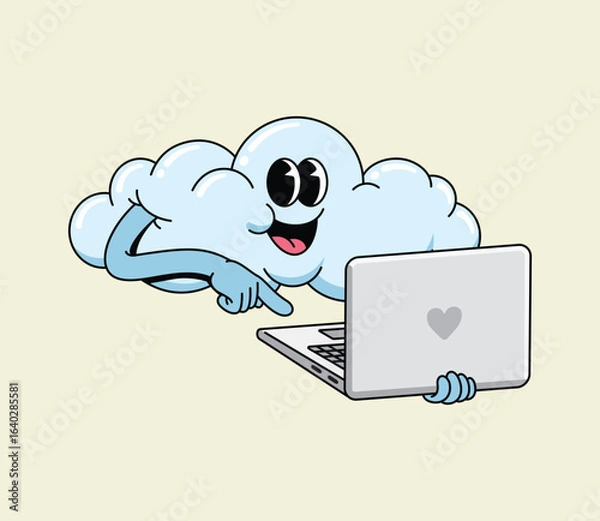 Fototapeta Happy Cartoon Cloud Mascot Pointing at Laptop with Heart Icon