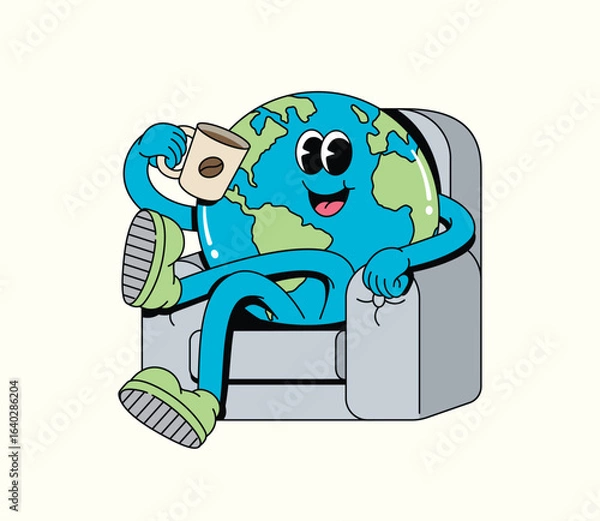 Fototapeta Happy Groovy Cartoon Earth Character Relaxing on Armchair with Coffee Cup