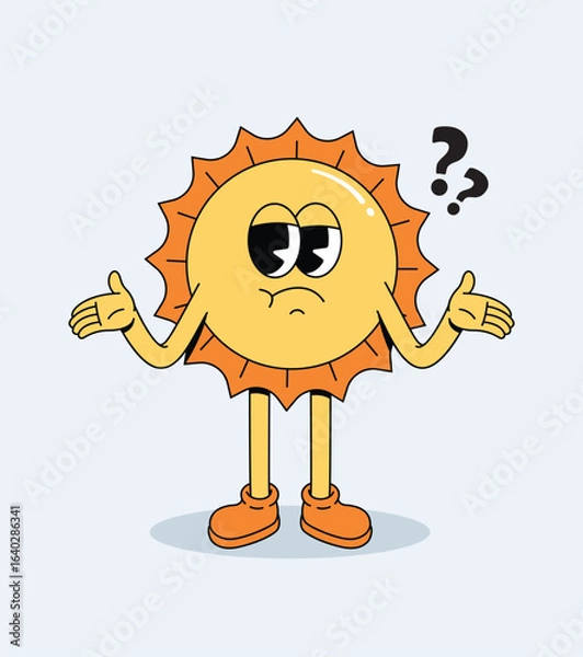 Fototapeta Retro Cartoon Sun Character Shrugging Shoulders with Question Marks