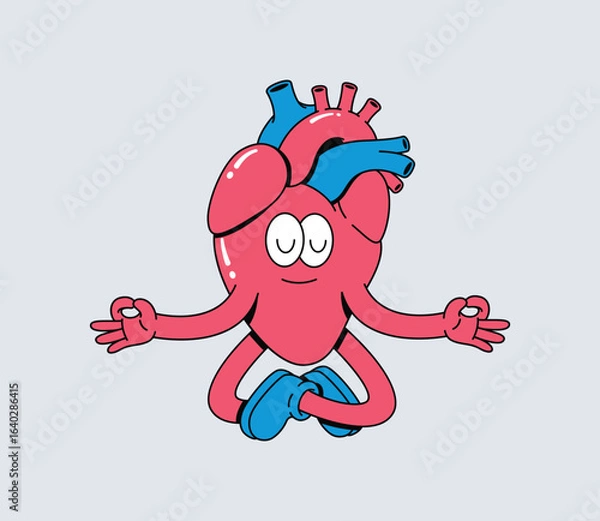 Fototapeta Groovy Cartoon Human Heart Character Meditating in Lotus Pose, Calm and Healthy
