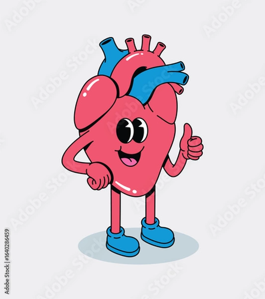 Fototapeta Happy groovy cartoon human heart character giving thumbs up, representing health and positivity