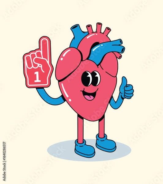 Fototapeta Cheerful Groovy Cartoon Heart Character with Number One Foam Finger and Thumbs Up