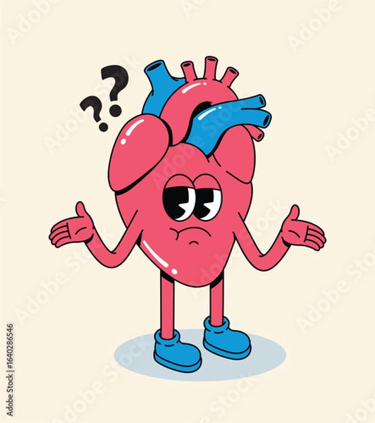 Fototapeta Groovy Cartoon human heart character shrugging with question marks expressing confusion