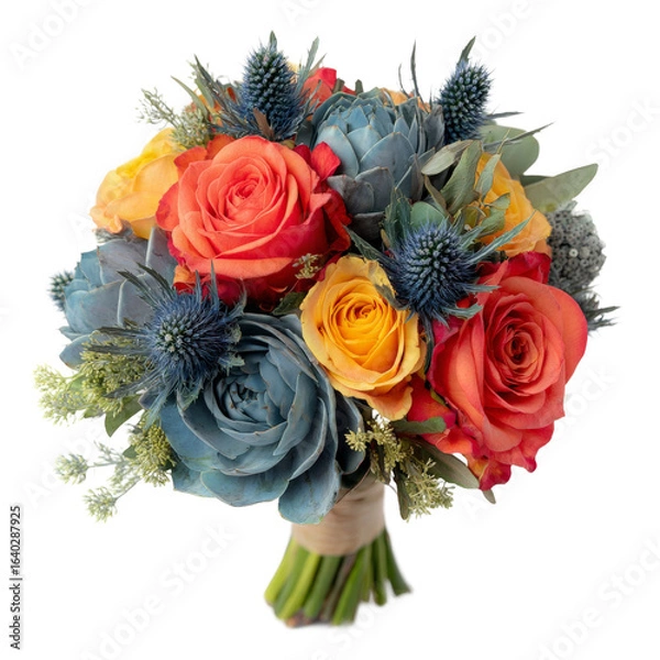 Obraz A vibrant bouquet featuring roses in shades of red, orange, and blue, surrounded by greenery, perfect for weddings or special occasions, set against a clean white background
