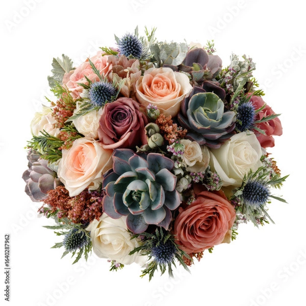 Obraz A beautiful bouquet featuring a mix of roses and succulents, arranged artfully with greenery, ideal for weddings or special occasions, set against a clean, white background