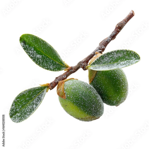 Obraz A close-up view of a branch with three green olives dusted with frost, showcasing the natural beauty of the olives and the intricate details of the leaves against a white background