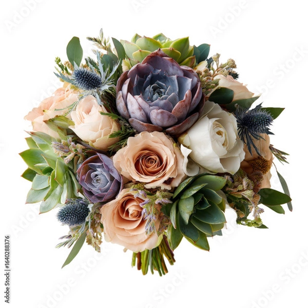 Obraz A beautifully arranged bouquet featuring a mix of pastel roses, succulents, and thistles, set against a clean background, ideal for floral design inspiration and wedding decor