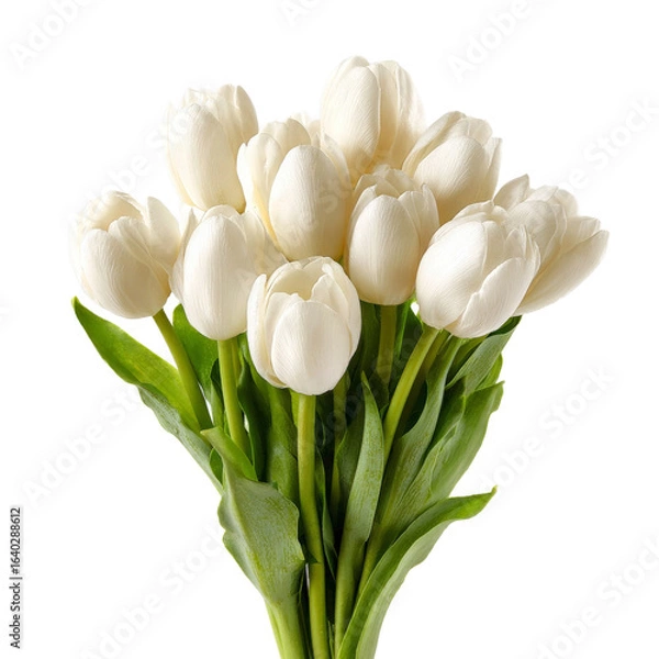 Obraz A vibrant bouquet of white tulips elegantly arranged with lush green leaves, showcasing their delicate petals, perfect for decoration or gifting on special occasions