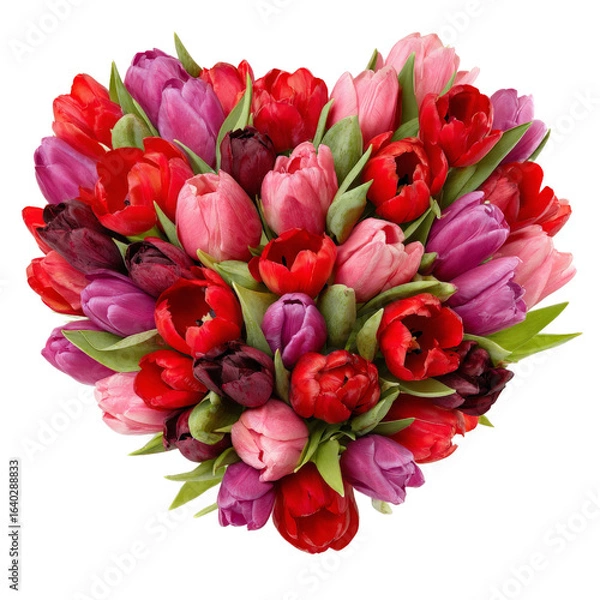 Obraz A vibrant heart-shaped arrangement of colorful tulips in various shades of red, pink, and purple, symbolizing love and beauty, perfect for celebrations or romantic occasions