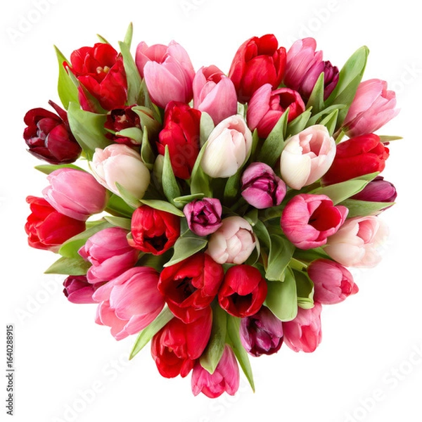 Obraz A vibrant bouquet of tulips in various shades of red, pink, and white, arranged beautifully from a top-down perspective, perfect for spring celebrations or floral arrangements