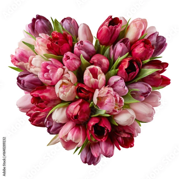 Obraz A vibrant heart-shaped arrangement of tulips in various shades of pink and red, symbolizing love and affection, perfect for celebrations or romantic occasions