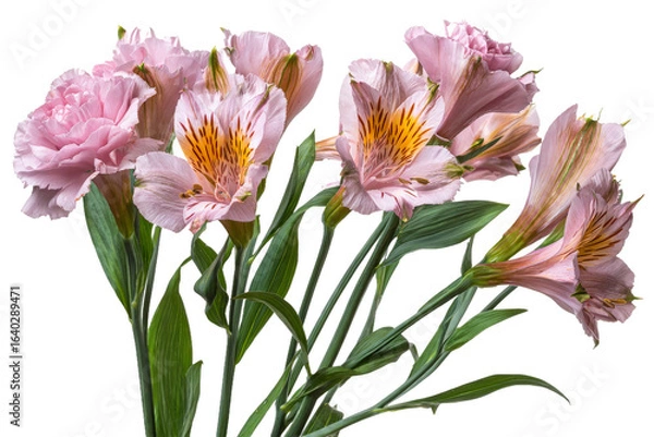 Obraz A vibrant bouquet of pink alstroemeria flowers with delicate petals and striking yellow centers, beautifully arranged against a soft background, perfect for decoration or gifting