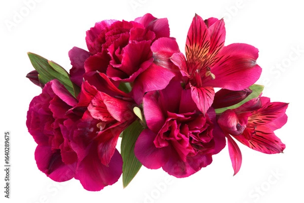 Obraz A vibrant bouquet of deep pink flowers, featuring various blooms, arranged elegantly with lush green leaves, set against a clean background, perfect for floral decoration or celebration