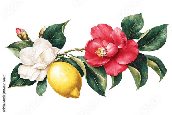 Obraz A vibrant floral arrangement featuring white and red camellias alongside a ripe lemon, set against a clean background, ideal for use in nature-themed designs or culinary projects
