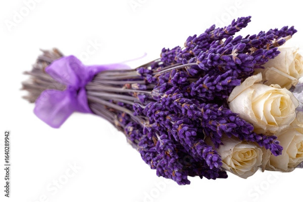 Obraz A beautifully arranged bouquet featuring fresh lavender and white roses tied with a purple ribbon, set against a clean backdrop, perfect for weddings or floral decor