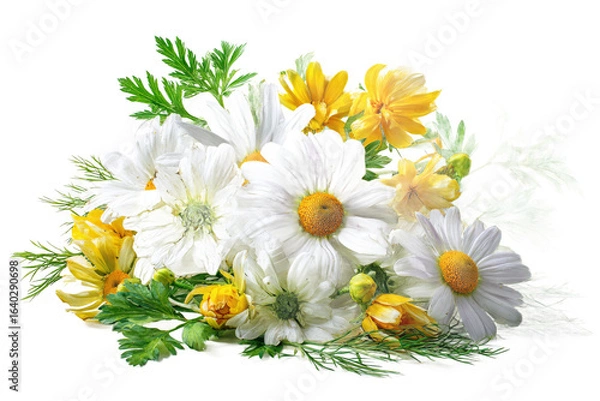 Obraz A vibrant bouquet of white daisies and yellow wildflowers arranged beautifully, set against a clean background, ideal for nature-themed decor or floral design inspiration