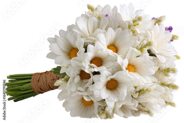 Obraz A beautiful bouquet of white daisies with yellow centers, elegantly wrapped in twine, showcasing their vibrant colors against a clean background, perfect for celebrations or decor