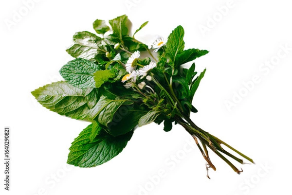 Obraz A vibrant assortment of fresh herbs, including mint and other greens, artfully arranged in a bouquet, set against a clean background, ideal for culinary and health-related uses