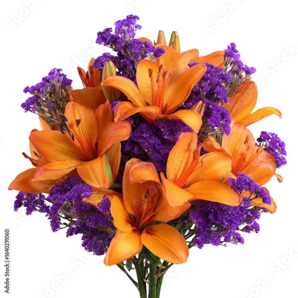 Obraz A vibrant bouquet featuring orange lilies and purple statice, beautifully arranged for a decorative display, perfect for celebrations or as a thoughtful gift