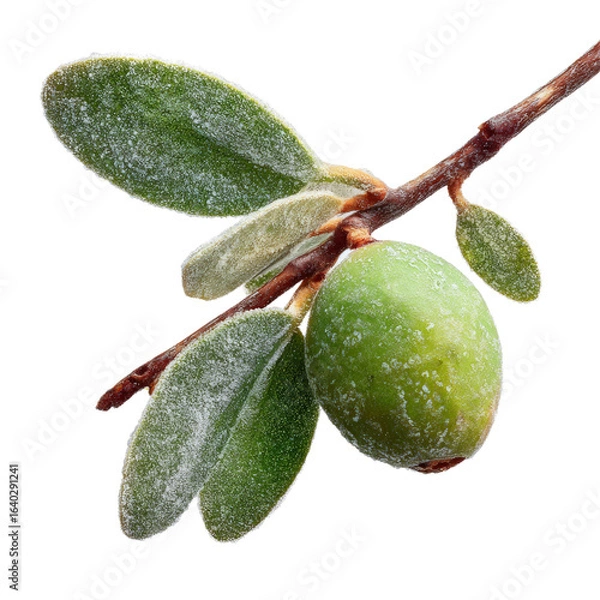 Obraz A close-up view of a fresh green olive with dew drops on its surface, surrounded by vibrant green leaves, symbolizing natural freshness and healthy living, suitable for culinary or health-related use