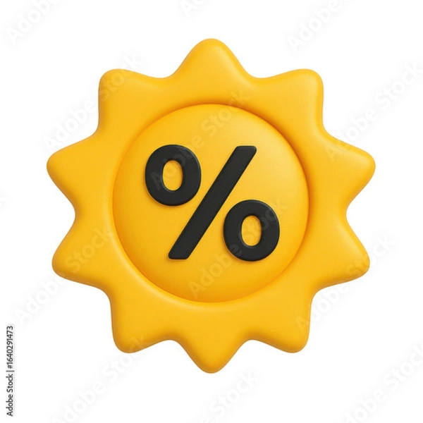 Obraz 3d icon of a bright yellow sun icon featuring a percentage sign represents summer sales and promotional offers for retail businesses isolated on transparent background
