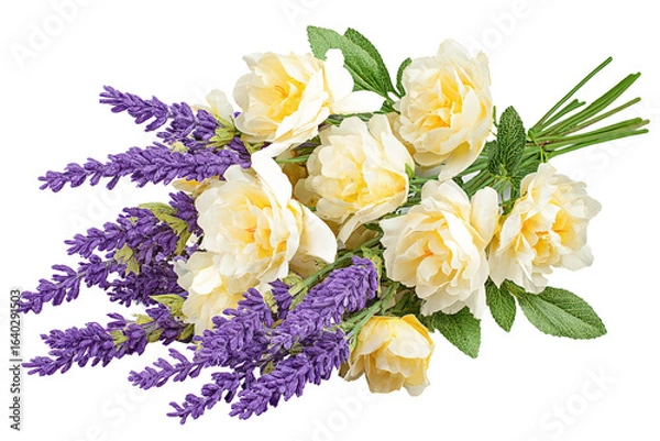 Obraz A vibrant bouquet of yellow roses and purple lavender, beautifully arranged with green leaves, perfect for decoration or as a gift, set against a clean white background