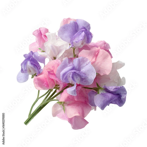 Obraz A vibrant bouquet of sweet peas in shades of pink, purple, and white, elegantly arranged with delicate petals and lush greenery, set against a clean background for a fresh, natural look
