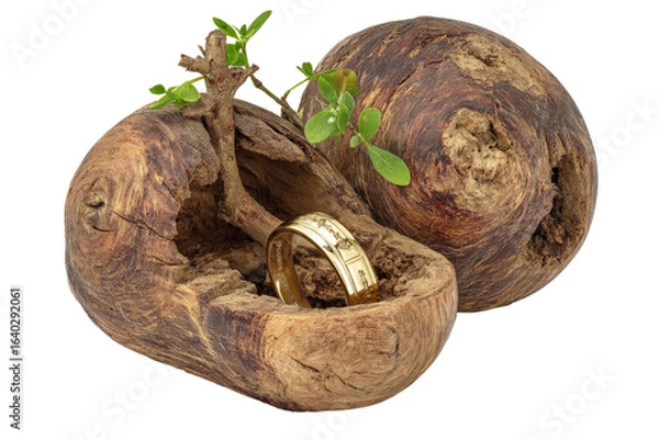 Obraz A beautifully crafted golden ring nestled within a rustic wooden bowl, surrounded by delicate green sprouts, symbolizing nature's harmony and the beauty of craftsmanship in a serene setting