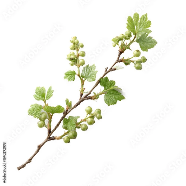 Obraz A close-up view of a green currant branch featuring small, unripe berries and vibrant leaves, set against a neutral background, ideal for culinary or gardening contexts