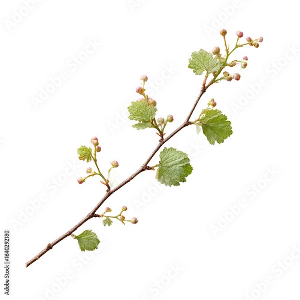 Obraz A delicate branch with budding leaves and small berries, showcasing the beauty of nature in a serene environment, perfect for illustrating growth and renewal themes