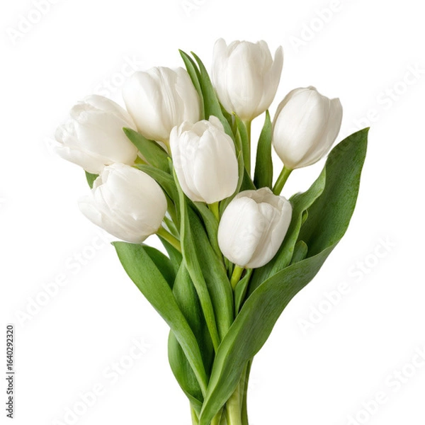 Obraz A vibrant bouquet of white tulips elegantly arranged with lush green leaves, showcasing their delicate petals against a clean background, perfect for floral arrangements or spring themes