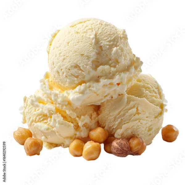 Obraz A delicious scoop of creamy vanilla ice cream piled high with crunchy hazelnuts, set against a clean white background, perfect for dessert menus or food blogs