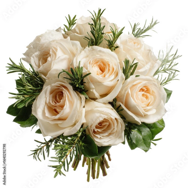 Obraz A beautiful bouquet of cream roses elegantly arranged with fresh greenery, showcasing a delicate floral composition ideal for weddings or special occasions, set against a plain background